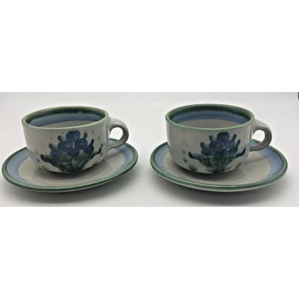 MA Hadley Pottery Blueberry Bouquet Tea Cup and Saucer Set of 2